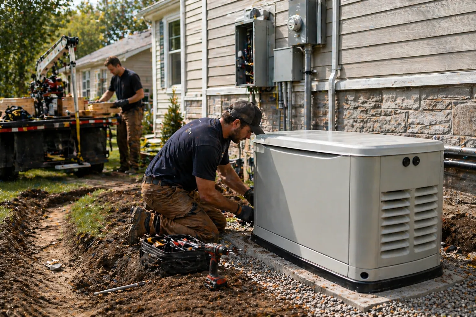 Generac Guardian 22kW being lowered onto a concrete pad next to a residential home during installation