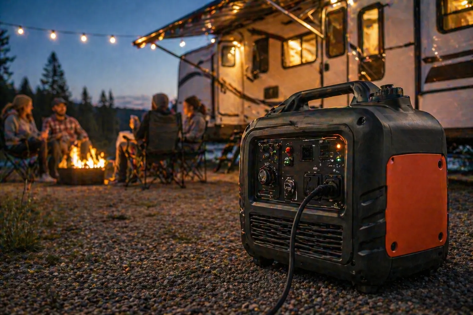 Generador inverter portátil Honda EU3000IS encendido en un patio al atardecer