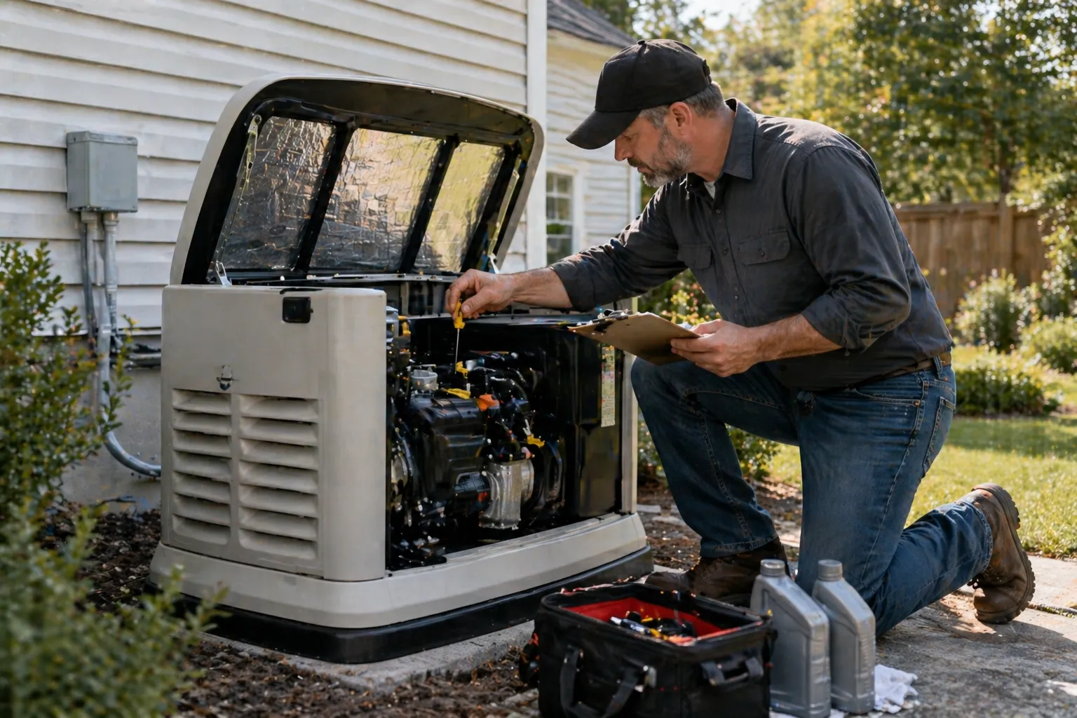 Open Generac Guardian standby generator showing oil dipstick and air filter for routine maintenance