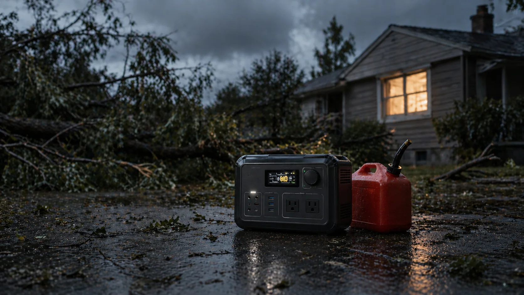 Portable power station running through a tropical storm at dusk