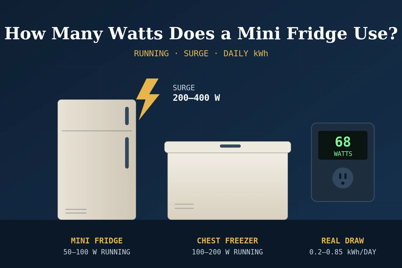 A mini fridge and a chest freezer next to a wattage meter showing their power draw