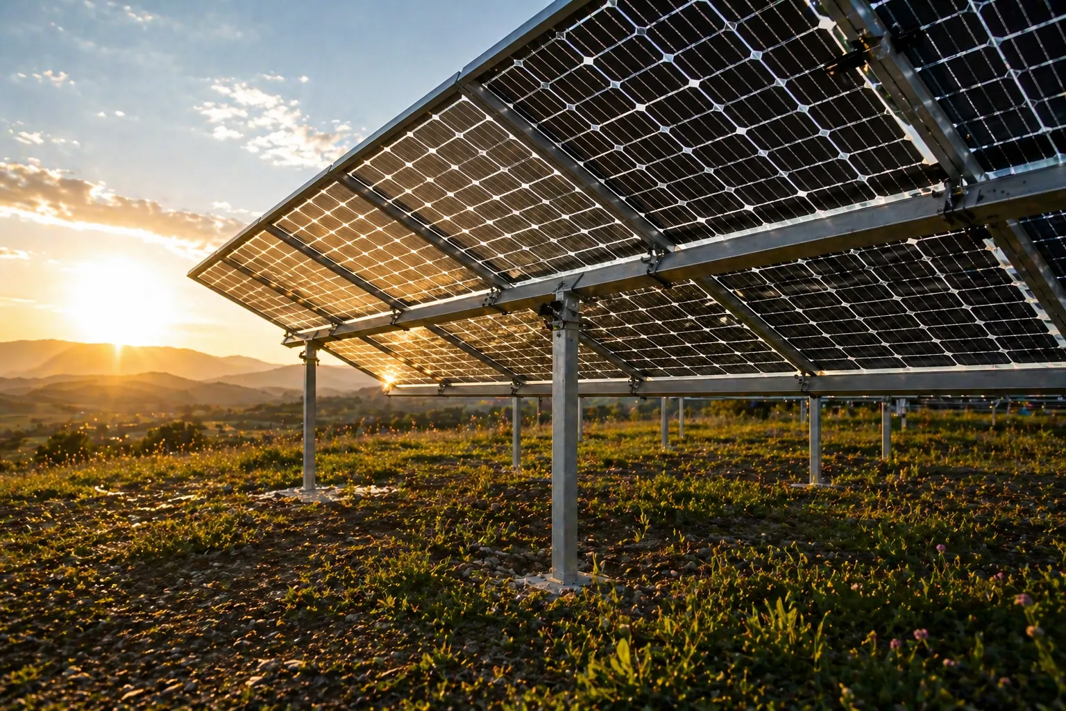 Panel solar bifacial montado a 1 metro del suelo sobre grava blanca