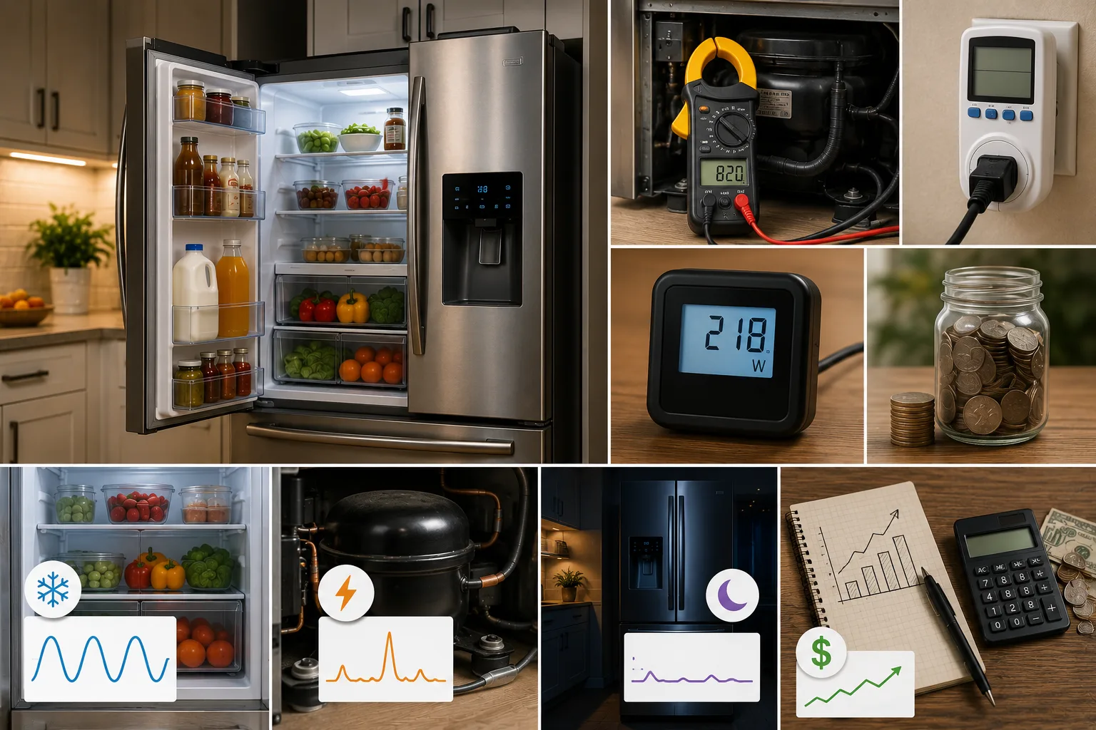 A refrigerator next to a wattage meter showing its running and surge power draw