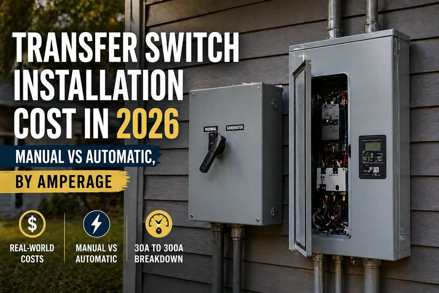 Manual transfer switch panel mounted next to a residential main electrical panel