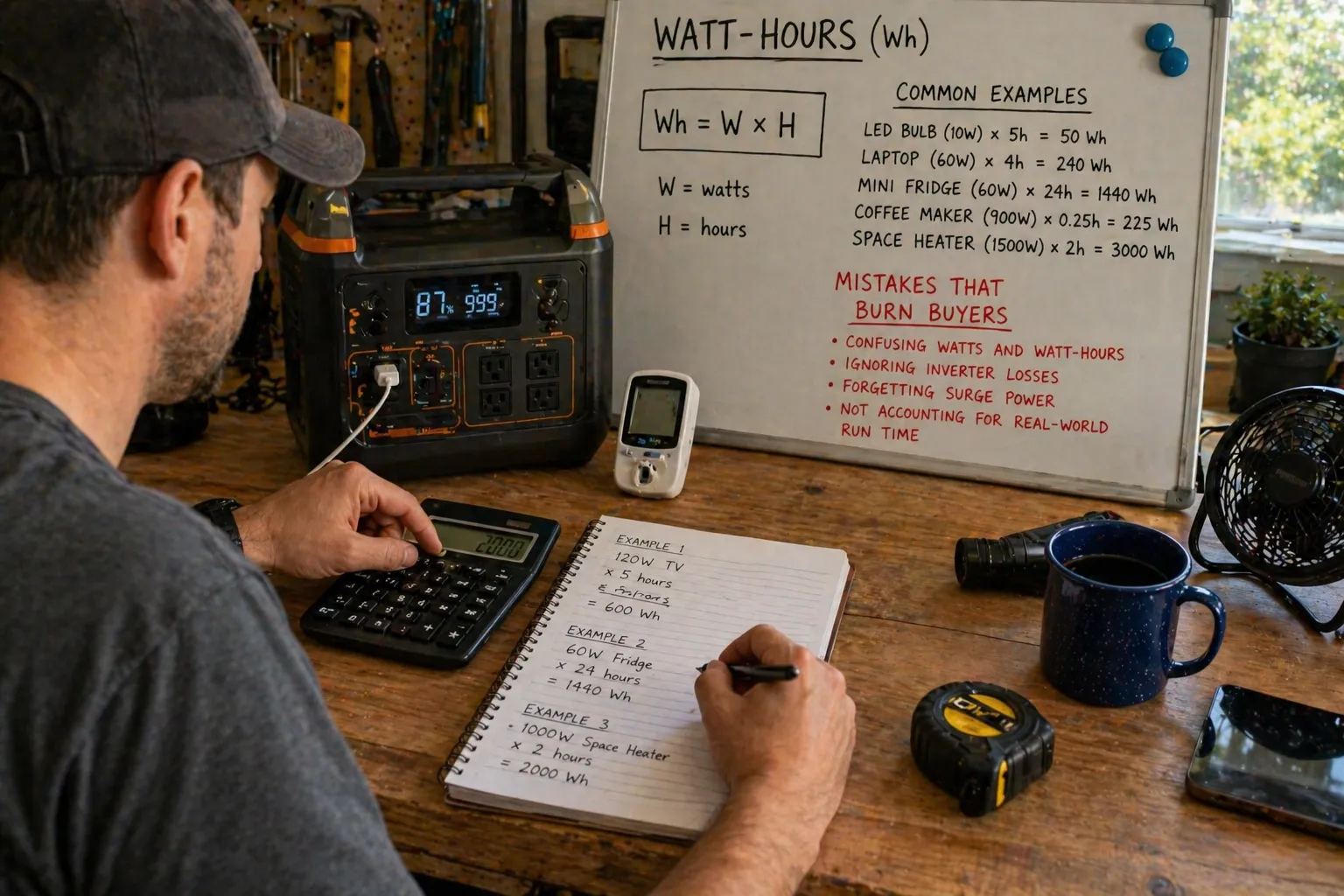 Calculator next to a Jackery Explorer 1000 power station with a sticky note showing W × h ÷ 1000 = kWh