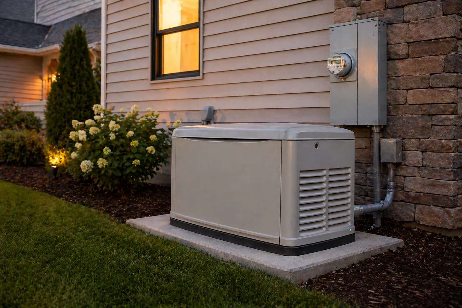 Whole-house standby generator on a concrete pad next to a residential home